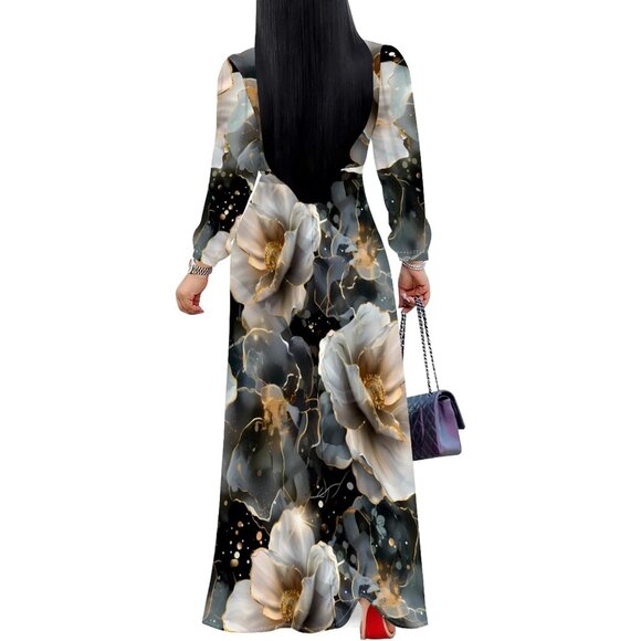 Plus Size Floral Maxi Dress Long Puff Sleeves Belt Casual Elegant Dress - Picture 3 of 7